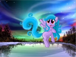 Size: 1600x1200 | Tagged: safe, artist:auroraswirls, derpibooru import, oc, unofficial characters only, pegasus, pony, aurora borealis, female, flying, looking up, mare, night, pegasus oc, smiling, stars, tree, wings