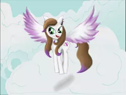 Size: 1600x1200 | Tagged: safe, artist:auroraswirls, derpibooru import, oc, oc:sky feather, unofficial characters only, pegasus, pony, cloud, female, mare, on a cloud, open mouth, pegasus oc, smiling, solo, spread wings, wings