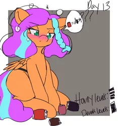 Size: 2900x3100 | Tagged: suggestive, artist:floralshitpost, derpibooru import, oc, oc:frootloop, unofficial characters only, pegasus, pony, alcohol, bad idea, beer, drinking, drunk, lidded eyes, no clop november, no nut november, pegasus oc, simple background, solo, thought bubble, wings
