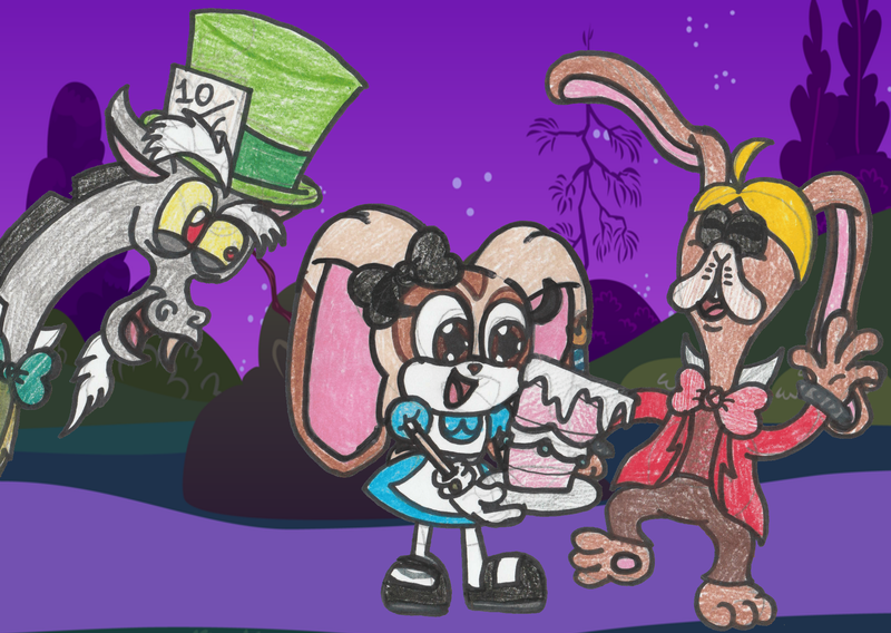 Size: 2135x1515 | Tagged: alice, alice in wonderland, artist:drquack64, broodals, cake, cream the rabbit, crossover, derpibooru import, discord, food, mad hatter, march hare, rango, safe, sonic the hedgehog (series), super mario bros., super mario odyssey