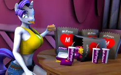 Size: 1746x1080 | Tagged: 3d, anthro, artist:dongly12, big breasts, breasts, burger, busty rarity, cheeseburger, derpibooru import, eating, fast food, food, french fries, hamburger, rarity, series:junkfood filled jelousy, solo, source filmmaker, suggestive, this will end in weight gain