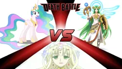 Size: 748x421 | Tagged: safe, artist:mega-poneo, derpibooru import, princess celestia, alicorn, human, pony, anime, crossover, death battle, exploitable meme, female, jewelina, jewelpet, mare, mega poneo strikes again, meme, palutena, sanrio, sega