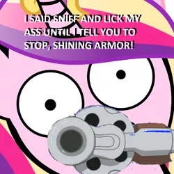 Size: 1024x1024 | Tagged: artist needed, suggestive, derpibooru import, edit, princess cadance, shining armor, alicorn, pony, my little pony: pony life, caption, colored, female, flat colors, gun, image macro, implied analingus, implied butt sniffing, implied oral, implied sex, insanity, jpg artifacts, low quality, male, needs more jpeg, shiningcadance, shipping, soft color, straight, text, weapon