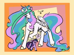 Size: 2048x1531 | Tagged: safe, artist:greyscaleart, derpibooru import, princess celestia, twilight sparkle, alicorn, pony, unicorn, the tiny apprentice, abstract background, colored hooves, confused, cute, duo, exclamation point, eyes closed, female, filly, filly twilight sparkle, fluffy, frown, happy, hoof fluff, lidded eyes, looking down, mare, messy mane, missing accessory, momlestia fuel, music notes, open mouth, pictogram, raised hoof, raised leg, shoulder fluff, singing, smiling, speech bubble, twiabetes, unicorn twilight, unshorn fetlocks, wing fluff, younger