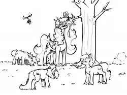 Size: 2048x1531 | Tagged: safe, artist:greyscaleart, derpibooru import, princess celestia, alicorn, earth pony, pony, :t, :v, behaving like a giraffe, black and white, derp, eating, eyes closed, female, grass, grayscale, grazing, horses doing horse things, lidded eyes, lineart, looking at you, looking up, majestic as fuck, male, mare, monochrome, open mouth, puffy cheeks, simple background, smiling, stallion, tallestia, tree, wat, white background, wide eyes