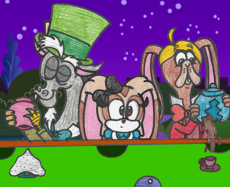 Size: 2019x1642 | Tagged: alice, alice in wonderland, artist:drquack64, broodals, cream the rabbit, crossover, derpibooru import, discord, mad hatter, march hare, rango, safe, sonic the hedgehog (series), super mario bros., super mario odyssey