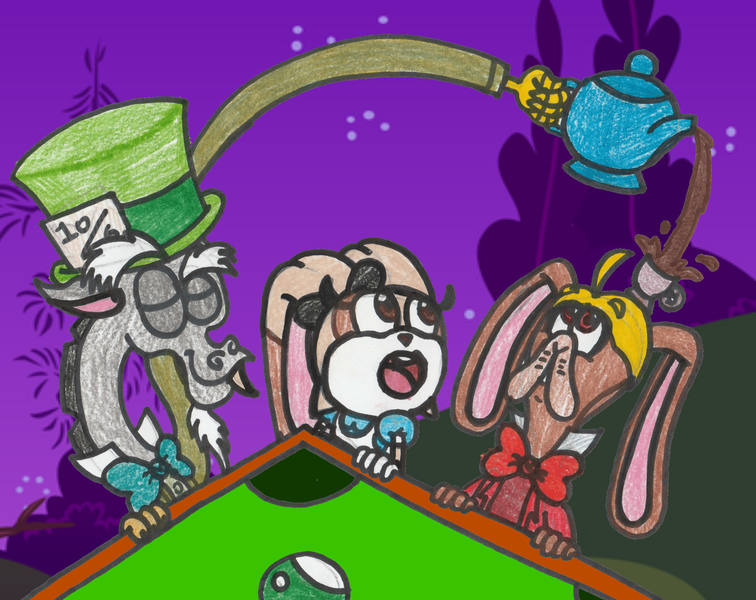 Size: 1936x1537 | Tagged: alice, alice in wonderland, artist:drquack64, broodals, cream the rabbit, crossover, derpibooru import, discord, mad hatter, march hare, rango, safe, sonic the hedgehog (series), super mario bros., super mario odyssey