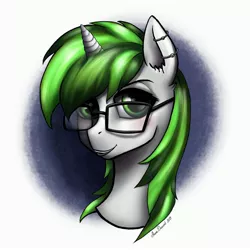 Size: 3000x3000 | Tagged: safe, artist:shanadessaint, derpibooru import, oc, oc:greenish fury, pony, unicorn, bust, commission, cute, glasses, green, greeneyes, greenishfury, male, piercing, portrait, solo