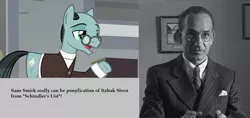 Size: 1440x680 | Tagged: safe, derpibooru import, edit, edited screencap, screencap, sans smirk, ponified, earth pony, human, pony, the last laugh, itzhak stern, schindler's list