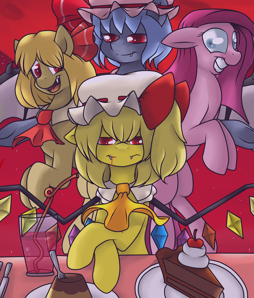 Size: 1024x1199 | Tagged: safe, artist:reneesdetermination, derpibooru import, pinkie pie, ponified, bat pony, pony, vampire, crossover, flandre scarlet, pinkamena diane pie, remilia scarlet, rumia, touhou