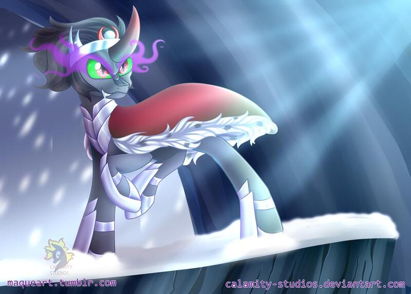 Size: 1023x731 | Tagged: safe, artist:calamity-studios, derpibooru import, king sombra, pony, armor, cape, clothes, crown, jewelry, male, regalia, snow, sombra eyes, stallion