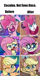 Size: 383x728 | Tagged: safe, derpibooru import, applejack, fluttershy, pinkie pie, earth pony, pony, my little pony: pony life, cocaine, cocaine is a hell of a drug, drugs