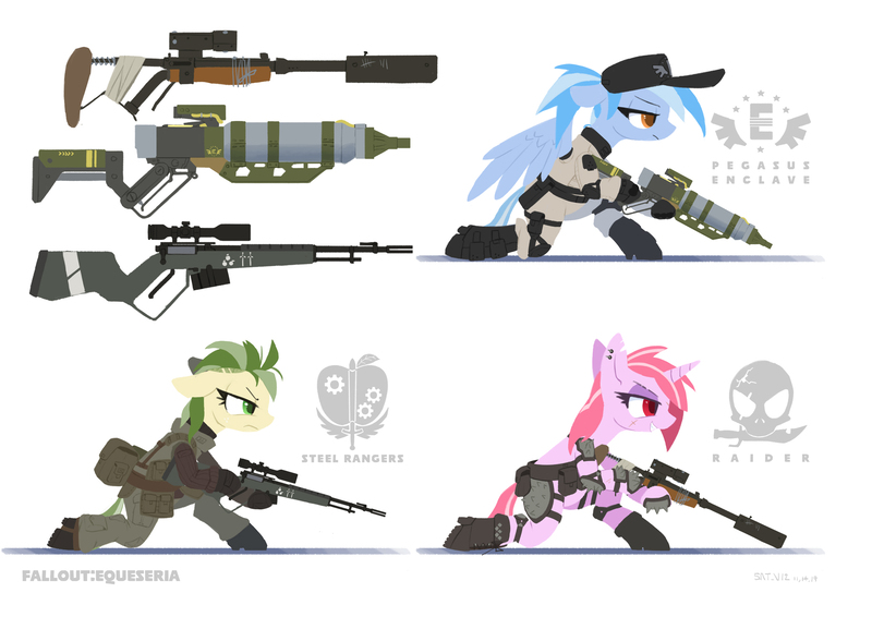 Size: 2000x1414 | Tagged: safe, artist:satv12, derpibooru import, oc, unofficial characters only, earth pony, pegasus, pony, unicorn, fallout equestria, energy weapon, grand pegasus enclave, gun, pegasus enclave, raider, rifle, sniper rifle, steel ranger, weapon