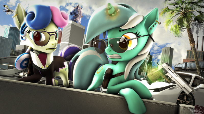 Size: 3840x2160 | Tagged: safe, artist:whiteskyline, derpibooru import, bon bon, derpy hooves, lyra heartstrings, sweetie drops, pony, unicorn, 3d, arm, aviator glasses, car, city, couch, factory, ferrari, glasses, gun, handgun, m1911, manehattan, palm tree, pistol, revamped ponies, scared, source filmmaker, train, tree, trigger discipline, weapon