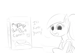 Size: 2700x1900 | Tagged: safe, artist:cosmonaut, derpibooru import, oc, oc:ivy, unofficial characters only, bat pony, butt, cereal, female, filly, food, monochrome, ponytail, solo