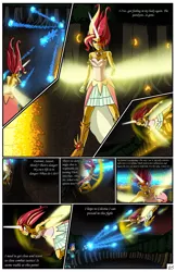 Size: 2331x3600 | Tagged: safe, artist:artemis-polara, derpibooru import, flash sentry, sunset shimmer, comic:a battle to save a possessed soul, equestria girls, arm cannon, armor, armpits, aura, badass, beam, bleeding, blocking, blood, breasts, cleavage, clothes, comic, commission, corrupted, danger, dark samus, daydream shimmer, defending, destruction, devastation, dress, electrified, electrocution, energy weapon, explosion, falling, fear, female, fight, forest, guarding, horn, injured, magic, male, metroid, night, pain, phazon, possessed, red eye, scared, serious, serious face, shocked expression, tree, weapon