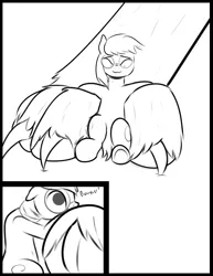 Size: 2550x3300 | Tagged: safe, artist:cosmonaut, derpibooru import, oc, oc:gwendlyn, oc:paigescribe, unofficial characters only, earth pony, gryphon, pony, claws, female, giantess, glasses, macro, monochrome, paws