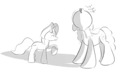 Size: 841x475 | Tagged: safe, artist:cosmonaut, derpibooru import, oc, oc:gloomy, oc:marker pony, unofficial characters only, pony, unicorn, 4chan, growth, monochrome, potion, size difference, sketch, watch, wristwatch