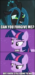 Size: 586x1256 | Tagged: safe, derpibooru import, edit, edited edit, edited screencap, screencap, queen chrysalis, twilight sparkle, changeling, changeling queen, pony, unicorn, frenemies (episode), magic duel, season 9, spoiler:s09, a better ending for chrysalis, alternate ending, alternate scenario, alternate universe, apology, arrested, bad poker face, bait and switch, caption, caught, character development, comic, cropped, crossing the memes, cute, cutealis, dialogue, disapproval, fail, fangs, female, frown, good end, grin, happy, image macro, impact font, jail, justice, mare, meme, nervous, nervous grin, open mouth, reality ensues, redemption, reformed, regret, rekt, revenge, savage, silly, silly pony, smiling, sorry, spread wings, standing, stop right there criminal scum, subversion, talking, teeth, text, unicorn twilight, what if, when she smiles, wings