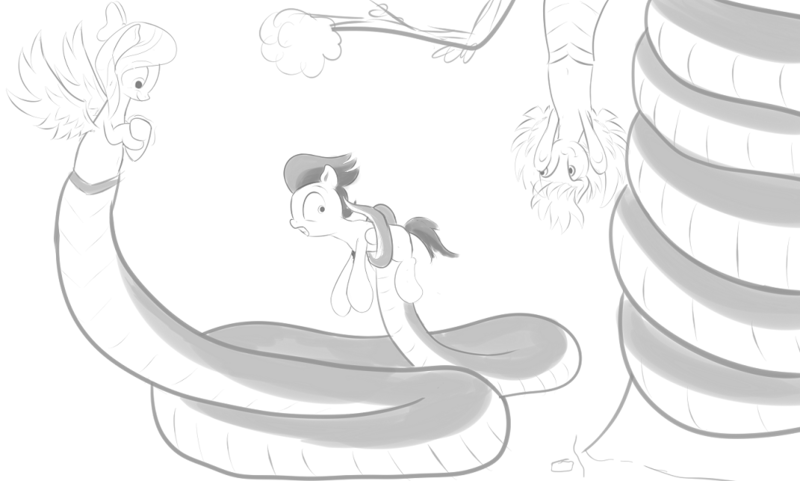 Size: 1084x652 | Tagged: safe, artist:cosmonaut, derpibooru import, cloudchaser, flitter, rumble, lamia, original species, pegasus, pony, coils, implied transformation, lamiafied, monochrome, prehensile tail, species swap, tail hold