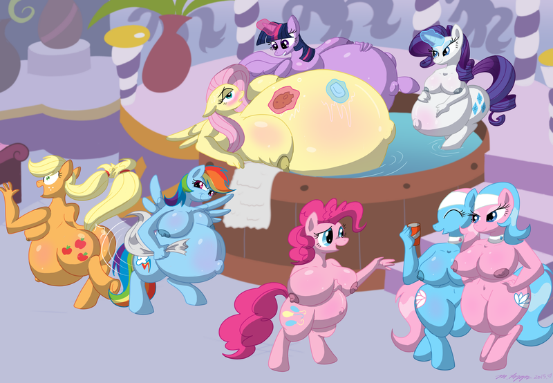 Size: 2925x2025 | Tagged: questionable, artist:necrofeline, derpibooru import, aloe, applejack, fluttershy, lotus blossom, pinkie pie, rainbow dash, rarity, twilight sparkle, twilight sparkle (alicorn), alicorn, anthro, bat pony, unguligrade anthro, belly, belly button, big belly, big breasts, breasts, busty applejack, busty fluttershy, busty mane six, busty pinkie pie, busty rainbow dash, busty rarity, busty twilight sparkle, female, females only, flutterbat, huge belly, huge breasts, hyper, hyper belly, hyper pregnancy, impossibly large belly, impossibly large breasts, mane six, nipples, nudity, old art, outie belly button, ponyville spa, preggity, preggo dash, preggo jack, preggoshy, preggy pie, preglight sparkle, pregnant, race swap, thighs, thunder thighs, wide hips