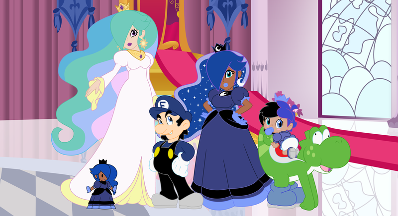 Size: 11000x6000 | Tagged: artist:evilfrenzy, artist:tamalesyatole, baby, canterlot castle, crossover, derpibooru import, heterochromia, human, humanized, humanized oc, oc, oc:cruithne, oc:frenzy, oc:leeloo, offspring, pacifier, paper mario, parent:oc:frenzy, parent:princess luna, parents:canon x oc, princess celestia, princess luna, safe, style emulation, super mario bros., yoshi, younger