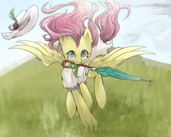 Size: 1000x800 | Tagged: safe, artist:ce2438, derpibooru import, fluttershy, pegasus, pony, clothes, cute, dress, female, grass, hat, hat off, looking at you, mare, midair, mouth hold, outdoors, scenery, shyabetes, solo, spread wings, sun hat, sundress, umbrella, windswept mane, wings