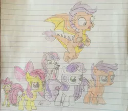 Size: 2792x2436 | Tagged: safe, artist:dupontsimon, derpibooru import, apple bloom, scootaloo, sweetie belle, dog, dragon, kangaroo, fanfic:magic show of friendship, equestria girls, cutie mark crusaders, dogified, dragonified, fanfic art, lined paper, photo, puppy bloom, scootadragon, self ponidox, species swap, sweetie roo, traditional art