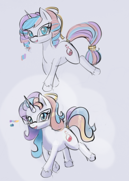 Size: 1180x1658 | Tagged: safe, artist:tiffortat, derpibooru import, potion nova, pony, unicorn, blue eyes, curly hair, female, glasses, image, long mane, mare, multicolored hair, png, short mane, simple background, sketch, tail bun, unshorn fetlocks, white background, white coat