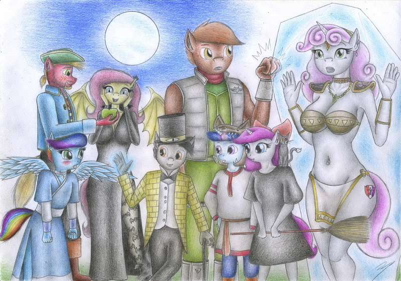 Size: 2333x1640 | Tagged: safe, artist:sinaherib, derpibooru import, big macintosh, button mash, discord, fluttershy, sweetie belle, oc, oc:amber earring, oc:rainfall, oc:starlight ray, oc:sunstone, anthro, bat pony, cat, earth pony, pegasus, unicorn, apple, avatar the last airbender, bat ponified, belly button, bill cipher, breasts, busty fluttershy, busty sweetie belle, cane, clothes, costume, cutie mark, female, flutterbat, flutterbat costume, fluttermac, food, fox mccloud, full moon, gravity falls, hat, image, jpeg, katara, kiki, kiki's delivery service, krystal, male, moon, nightmare night costume, offspring, older, older button mash, older sweetie belle, parent:cheese sandwich, parent:fancypants, parent:flash sentry, parent:pinkie pie, parent:rainbow dash, parent:rarity, parent:soarin', parent:twilight sparkle, parents:cheesepie, parents:flashlight, parents:raripants, parents:soarindash, pirate costume, race swap, shipping, star fox, story included, straight, sweetiemash, the cmc's cutie marks, top hat, traditional art