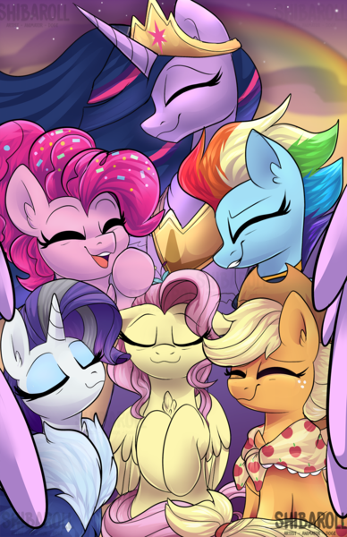 Size: 1080x1669 | Tagged: safe, artist:shibaroll, deleted from derpibooru, derpibooru import, applejack, fluttershy, pinkie pie, princess twilight 2.0, rainbow dash, rarity, twilight sparkle, twilight sparkle (alicorn), alicorn, earth pony, pegasus, pony, unicorn, the last problem, ear fluff, eyes closed, future, group, mane six, older, older applejack, older fluttershy, older mane six, older pinkie pie, older rainbow dash, older rarity, older twilight, open mouth, smiling