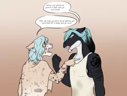 Size: 1369x1037 | Tagged: safe, artist:blackblood-queen, derpibooru import, oc, oc:mako, oc:opal ocean, unofficial characters only, anthro, digitigrade anthro, earth pony, hybrid, orca, orca pony, original species, unguligrade anthro, angry, anthro oc, argument, clothes, female, looking at each other, male, mare, scottish, selkie, stallion, vulgar