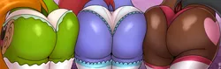 Size: 4000x1265 | Tagged: anthro, artist:an-tonio, ass, butt, butt bump, butt only, clothes, derpibooru import, dock, female, females only, flower pattern underwear, frilly underwear, milf, oc, oc:cipher espionage, oc:momma cider, oc:victoria citrus, panties, pink underwear, red underwear, socks, stockings, suggestive, the ass was fat, thigh highs, thong, underwear, unofficial characters only, white underwear