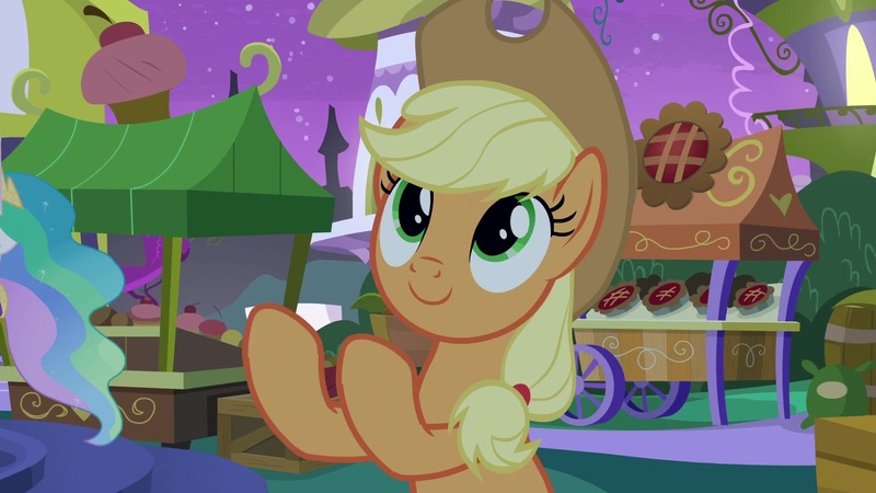 Size: 1920x1080 | Tagged: safe, derpibooru import, screencap, applejack, princess celestia, pony, the summer sun setback, cute, jackabetes, looking up, solo focus