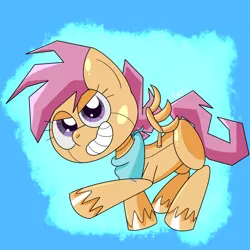 Size: 1200x1200 | Tagged: safe, artist:merpzy, derpibooru import, scootaloo, pegasus, pony, robot, my little pony: pony life, looking at you, scootabot, simple background, smiling, solo