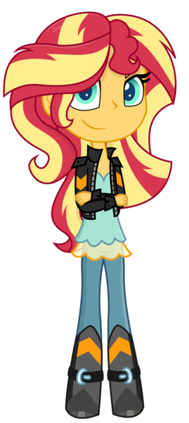 Size: 954x2128 | Tagged: dead source, safe, artist:creativeli3, derpibooru import, sunset shimmer, human, equestria girls, my little pony: pony life, boots, clothes, crossed arms, female, jacket, shoes, smiling, solo