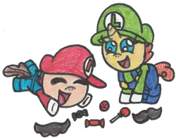 Size: 1294x1017 | Tagged: artist:drquack64, cake twins, clothes, cosplay, costume, crossover, derpibooru import, luigi, mario, pound cake, pumpkin cake, safe, siblings, simple background, super mario bros., traditional art, transparent background, twins