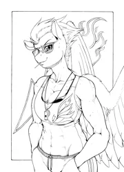 Size: 2442x3395 | Tagged: abs, anthro, artist:longinius, athletic, aviator glasses, blushing, breasts, busty spitfire, cleavage, clothes, derpibooru import, female, fitfire, hands in pockets, looking at you, mare, monochrome, muscles, muscular female, pegasus, sexy, solo, solo female, spitfire, sports bra, stupid sexy spitfire, suggestive, sunglasses, sweat, toned, toned female, toothpick, traditional art, unguligrade anthro, whistle