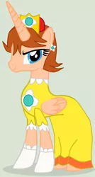 Size: 712x1332 | Tagged: safe, artist:elementbases, artist:twidashfan1234, derpibooru import, ponified, alicorn, pony, alicornified, base used, clothes, crossover, crown, dress, ear piercing, earring, gown, jewelry, nintendo, piercing, princess daisy, race swap, regalia, super mario bros.