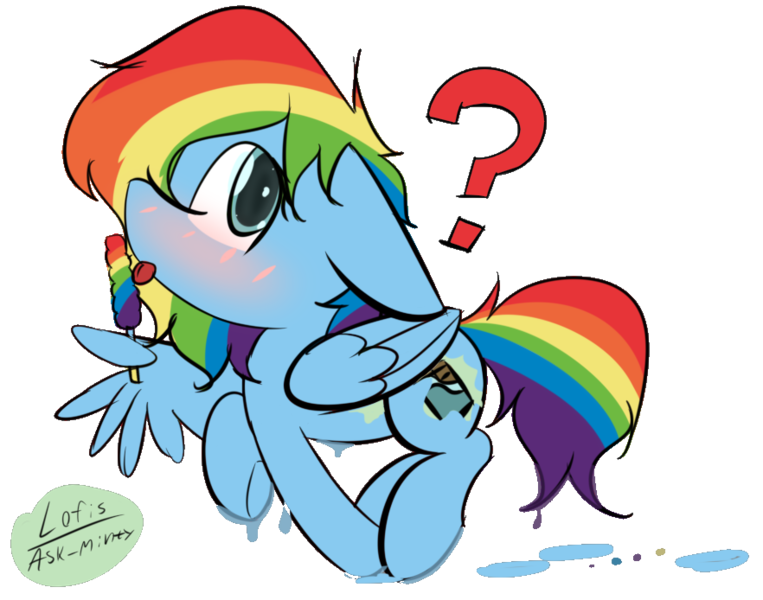 Size: 882x694 | Tagged: safe, artist:lofis, derpibooru import, rainbow dash, oc, oc:mint chocolate, pegasus, pony, blushing, cute, cutie mark, disguise, dripping, feather fingers, female, food, licking, mare, paint, popsicle, question mark, solo, tongue out, wing hands, wing hold, wings