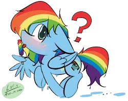 Size: 882x694 | Tagged: safe, artist:lofis, derpibooru import, rainbow dash, oc, oc:mint chocolate, pegasus, pony, blushing, cute, cutie mark, disguise, dripping, feather fingers, female, food, licking, mare, paint, popsicle, question mark, solo, tongue out, wing hands, wing hold, wings