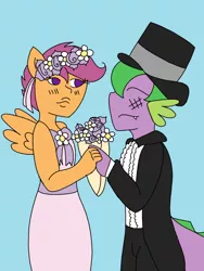 Size: 1536x2048 | Tagged: safe, artist:mintymelody, derpibooru import, scootaloo, spike, anthro, a canterlot wedding, clothes, female, flower filly, flower girl, flower girl dress, hat, holding hands, male, marriage, scootaspike, shipping, sidemouth, straight, suit, top hat, tuxedo, wedding, wedding bouquet