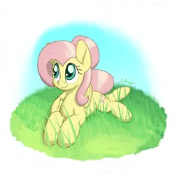 Size: 2250x2250 | Tagged: safe, artist:litrojia, derpibooru import, fluttershy, pegasus, pony, alternate hairstyle, chest fluff, cute, female, folded wings, grass, looking away, looking up, lying down, mare, outdoors, prone, shyabetes, smiling, solo, wings