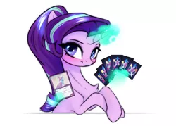 Size: 1426x1022 | Tagged: source needed, safe, artist:vincher, derpibooru import, starlight glimmer, trixie, pony, unicorn, card, ccg, chest fluff, crossed hooves, female, levitation, looking at you, magic, mare, playing, solo, telekinesis