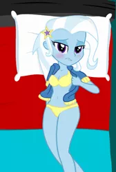 Size: 2947x4382 | Tagged: suggestive, artist:grapefruitface1, derpibooru import, trixie, equestria girls, bed, bedroom eyes, bedsheets, blushing, bra, breasts, clothes, lidded eyes, lip bite, looking at you, panties, pillow, solo, underwear, undressing, yellow bra, yellow panties, yellow underwear