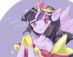 Size: 1184x933 | Tagged: alicorn, anthro, artist:moh_mlp2, bare shoulders, blushing, bust, clothes, colored pupils, coronation dress, crown, cute, derpibooru import, dress, female, jewelry, magical mystery cure, off shoulder, older, older twilight, regalia, safe, solo, thank you, twiabetes, twilight sparkle, twilight sparkle (alicorn)