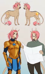 Size: 3028x4932 | Tagged: safe, artist:askbubblelee, derpibooru import, oc, oc:jasper quartz, oc:sunstone quartz, unofficial characters only, anthro, pony, unguligrade anthro, unicorn, absurd resolution, anthro oc, armor, bodysuit, brothers, clothes, combat armor, combat bodysuit, duo, glasses, guard, guardsman, leonine tail, male, pants, royal guard, shirt, siblings, smiling, stallion, twin brothers, twins