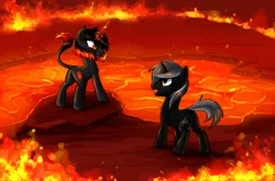 Size: 2800x1850 | Tagged: source needed, useless source url, safe, artist:hellaoggi, derpibooru import, oc, oc:ada, unofficial characters only, pony, unicorn, d'lirium, female, fire, glowing horn, horn, lava, looking at each other, magic, male