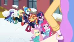 Size: 1920x1080 | Tagged: safe, derpibooru import, screencap, applejack, fluttershy, pinkie pie, princess celestia, rainbow dash, rarity, sci-twi, sunset shimmer, twilight sparkle, equestria girls, equestria girls series, holidays unwrapped, spoiler:eqg series (season 2), blizzard or bust, boots, canterlot high, caught, celestia is not amused, clothes, coat, earmuffs, fake snow, female, fluttershy's winter hat, grin, hand on hip, hat, humane five, humane seven, humane six, imminent detention, jacket, mittens, nervous, nervous grin, oh crap face, outdoors, principal celestia, rarity's winter hat, shoes, smiling, this will end in detention, toque, unamused, winter coat, winter hat, winter jacket, winter outfit
