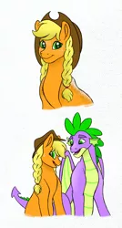 Size: 2089x3894 | Tagged: safe, artist:bellbell123, derpibooru import, applejack, spike, dragon, earth pony, pony, alternate hairstyle, applespike, braid, cute, female, high res, jackabetes, male, mare, older, older spike, open mouth, shipping, simple background, straight, white background, winged spike